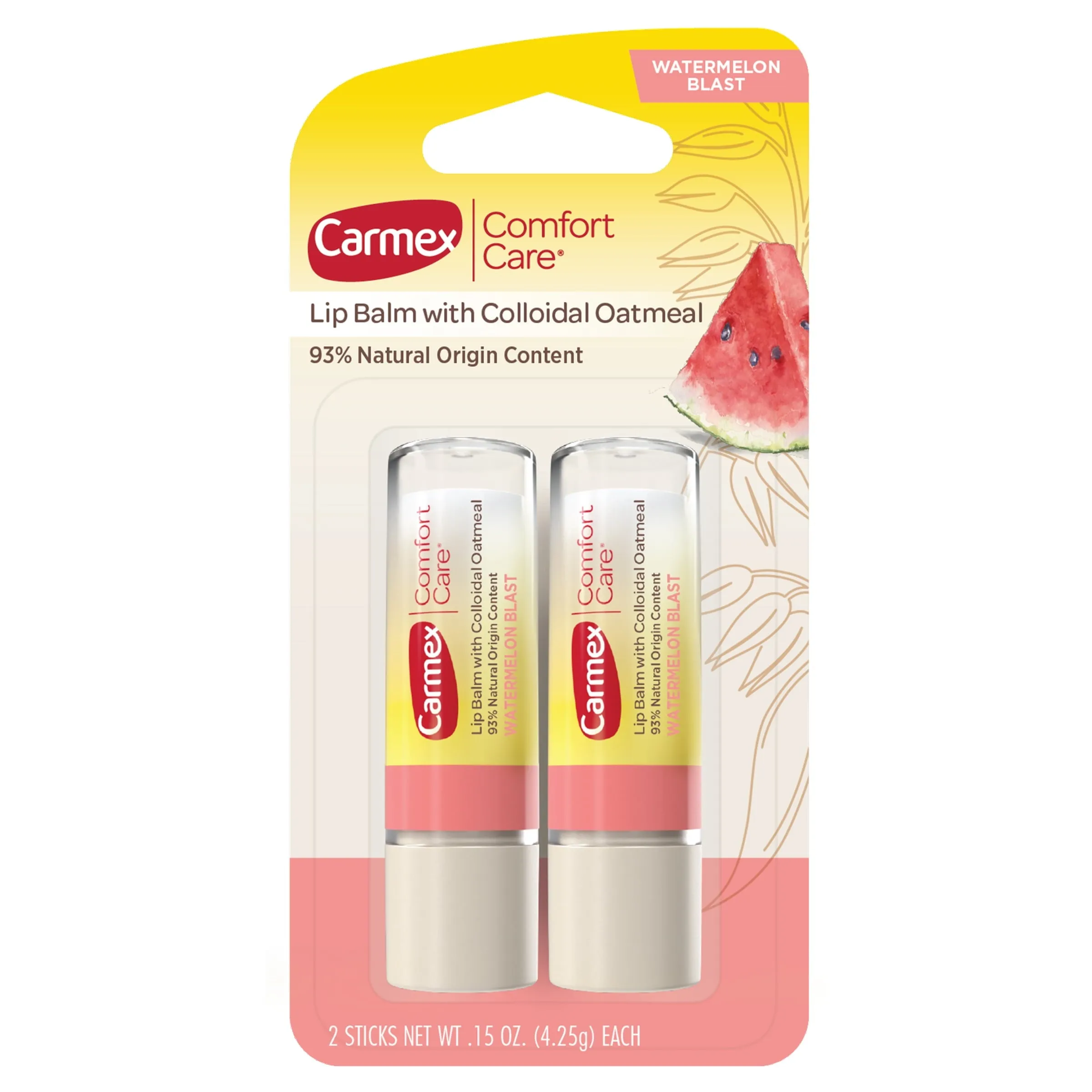 Carmex Comfort Care Lip Balm Sticks with Colloidal Oatmeal, Watermelon, 2 Count (1 Pack of 2)