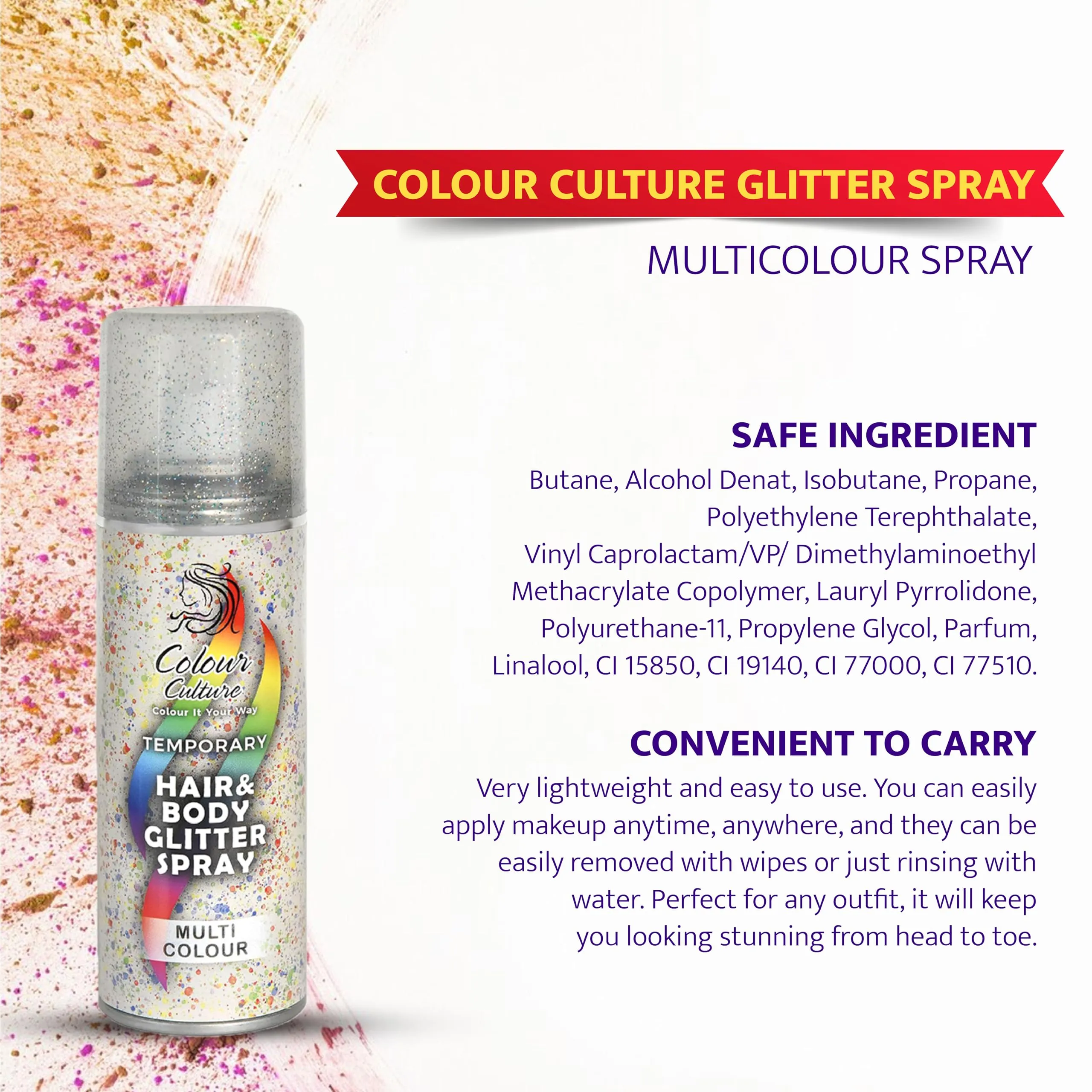 Colour Culture Temporary Multi Colour Hair And Body Glitter Spray 125ml