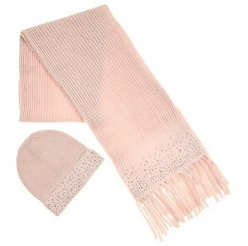 K.I.T Collection Women's Blush Crystal Stud Fringed Scarf & Hat Set with Gift Box